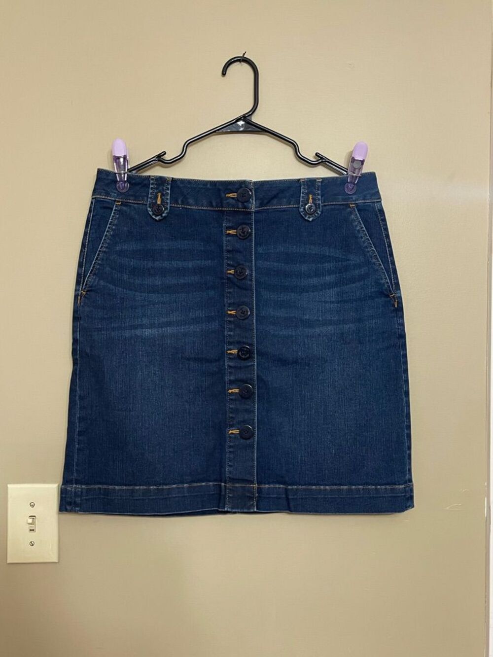Talbots Womens Denim Navy Blue Jean Skirt Anchor Button Skirt Petite 12